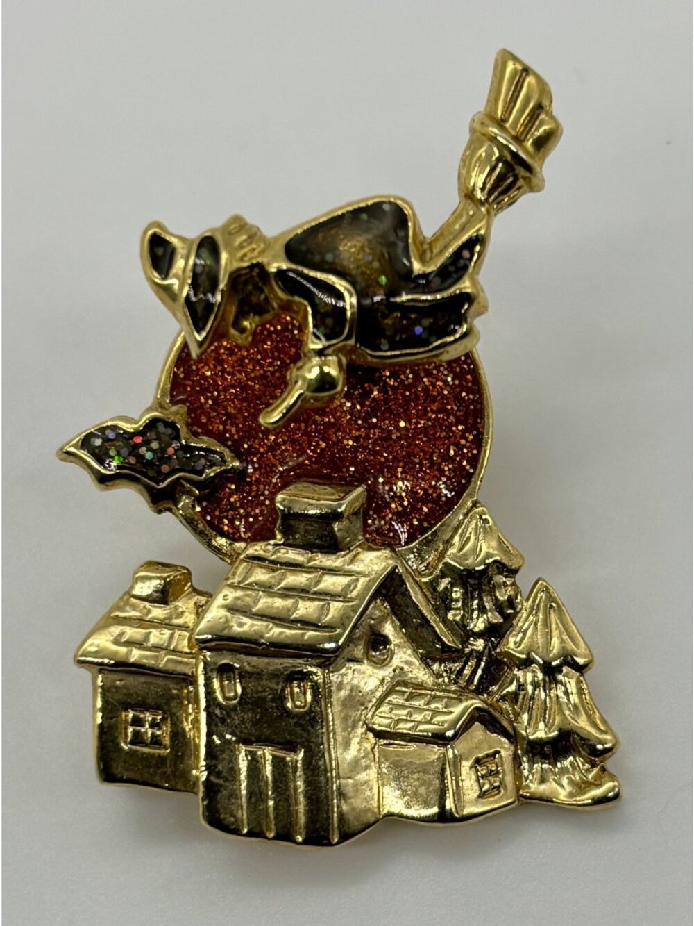 Vintage SFJ Flying Witch on Broomstick Trembler Brooch Sparkly Enamel and Signed